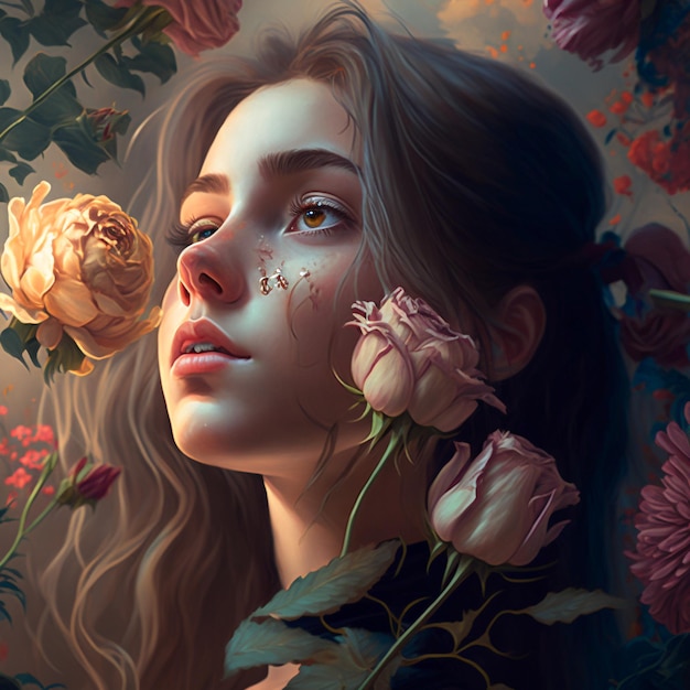 beautiful girl and rose flower watercolor art style, generative ai