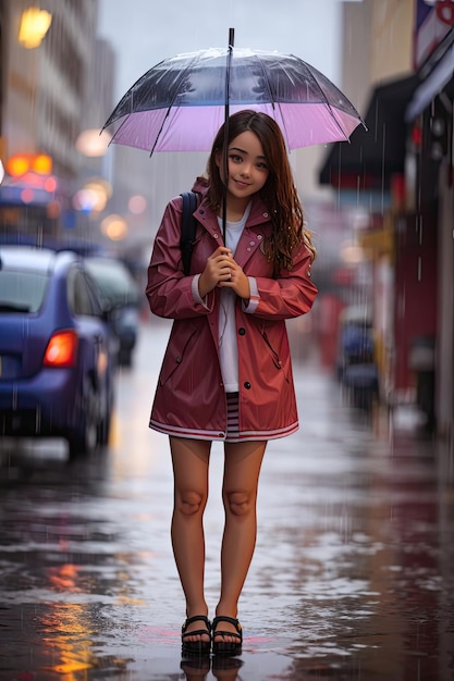 beautiful girl in short dress walking in street in rain