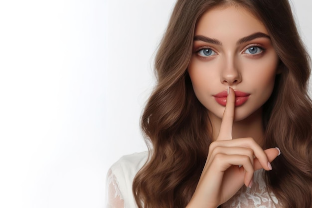 Photo beautiful girl showing silence gesture on white background