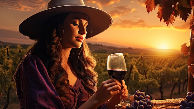 Beautiful girl sips red wine in a vineyard at sunset French red wine