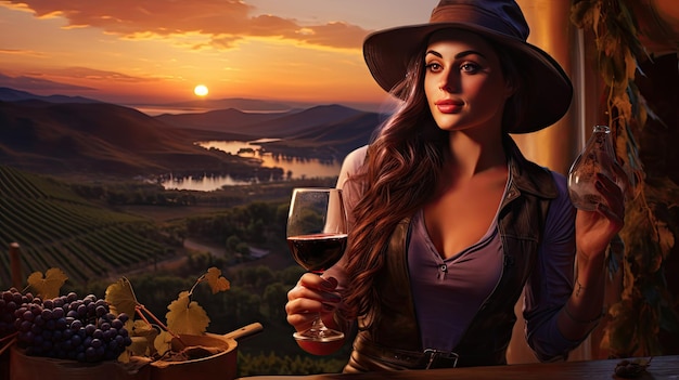 Beautiful girl sips red wine in a vineyard at sunset French red wine