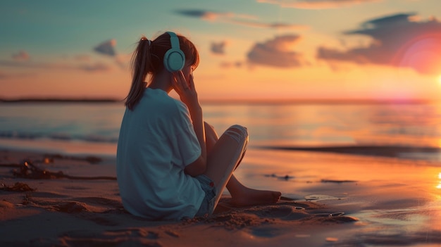 Photo beautiful girl sitting on the beach at the sunset headphone in the style of romantic scenes cute and dreamy soft focus romanticism relaxing