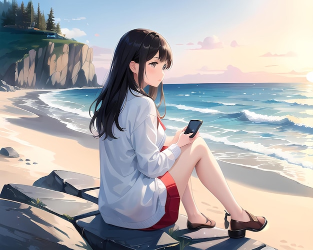 a beautiful girl sitting by a harbor as the sun sets AI generated