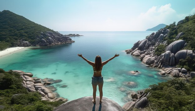 beautiful girl standing on viewpoint at koh nangyuan island near koh tao island