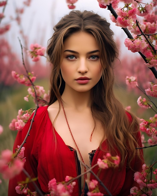 A Beautiful Girl Stands in a Field Brimming with Flowers