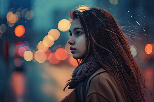 Beautiful girl in street bokeh background