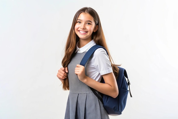 A Beautiful girl student with school bag and smiling on white background