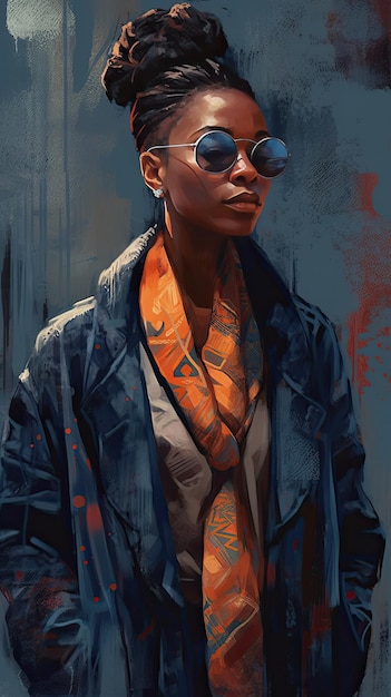 Beautiful girl in sunglasses in the style of severe work with a palette knife orange and indigo precision art created with Generative AI technology