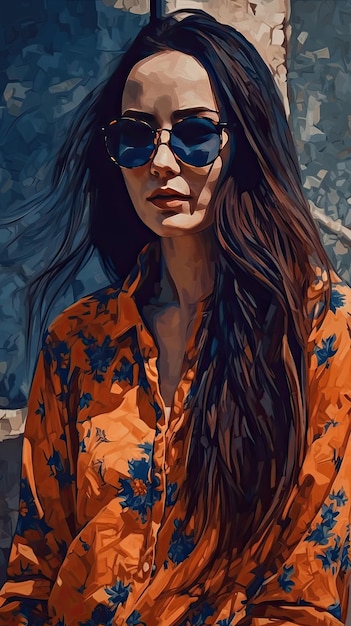 Beautiful girl in sunglasses in the style of severe work with a palette knife orange and indigo precision art created with Generative AI technology