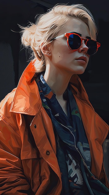 Beautiful girl in sunglasses in the style of severe work with a palette knife orange and indigo precision art created with Generative AI technology