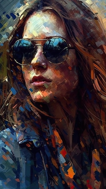 Beautiful girl in sunglasses in the style of severe work with a palette knife orange and indigo precision art created with Generative AI technology