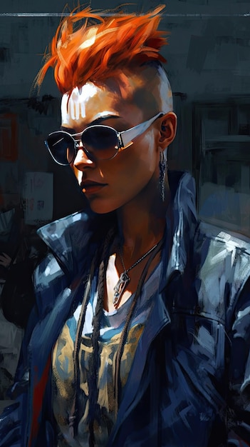 Beautiful girl in sunglasses in the style of severe work with a palette knife orange and indigo precision art created with Generative AI technology