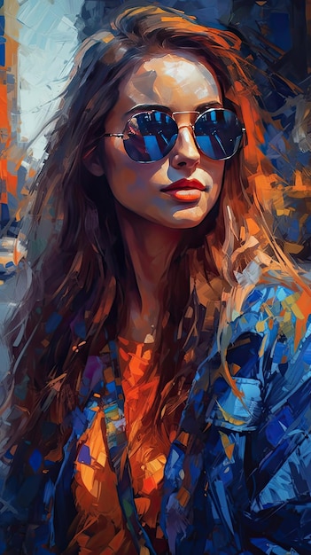 Beautiful girl in sunglasses in the style of severe work with a palette knife orange and indigo precision art created with Generative AI technology