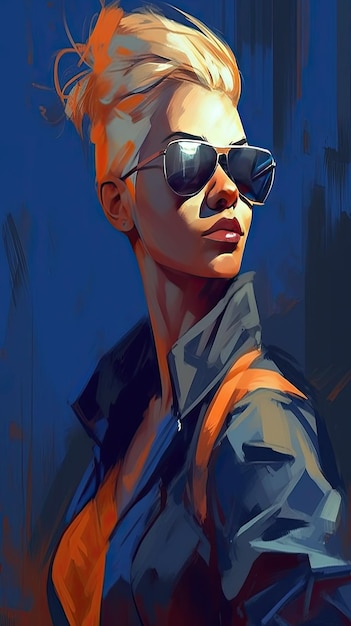 Beautiful girl in sunglasses in the style of severe work with a palette knife orange and indigo precision art created with Generative AI technology