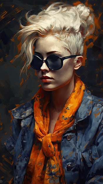 Beautiful girl in sunglasses in the style of severe work with a palette knife orange and indigo precision art created with Generative AI technology