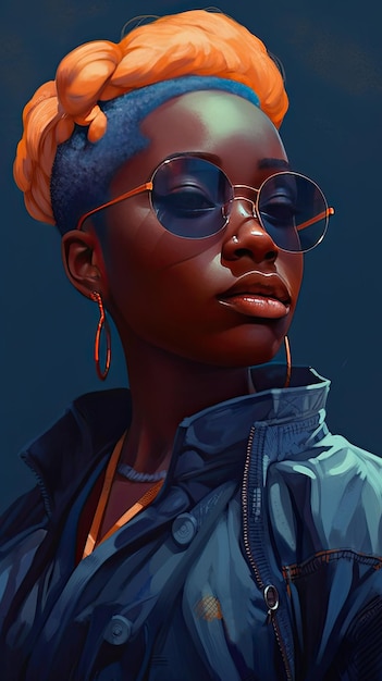 Beautiful girl in sunglasses in the style of severe work with a palette knife orange and indigo precision art created with Generative AI technology