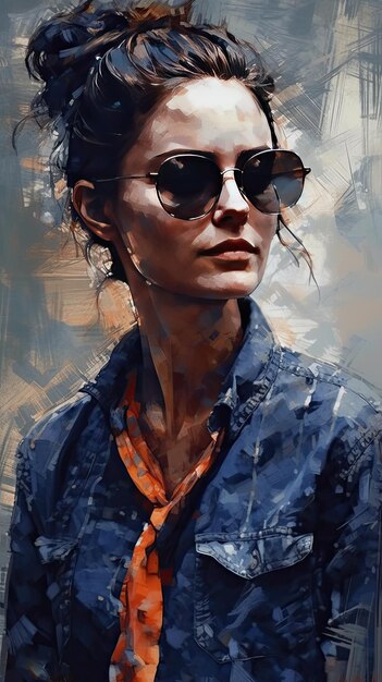 Beautiful girl in sunglasses in the style of severe work with a palette knife orange and indigo precision art created with Generative AI technology