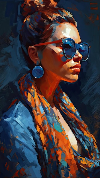 Beautiful girl in sunglasses in the style of severe work with a palette knife orange and indigo precision art created with Generative AI technology