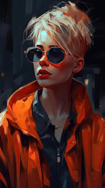 Beautiful girl in sunglasses in the style of severe work with a palette knife orange and indigo precision art created with Generative AI technology