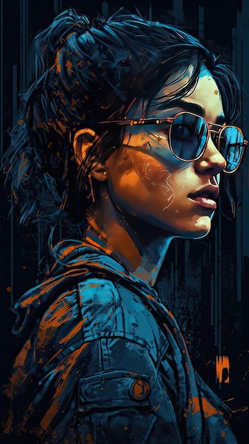 Beautiful girl in sunglasses in the style of severe work with a palette knife orange and indigo precision art created with Generative AI technology