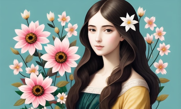 Beautiful Girl surrounded with flowers Generated AI