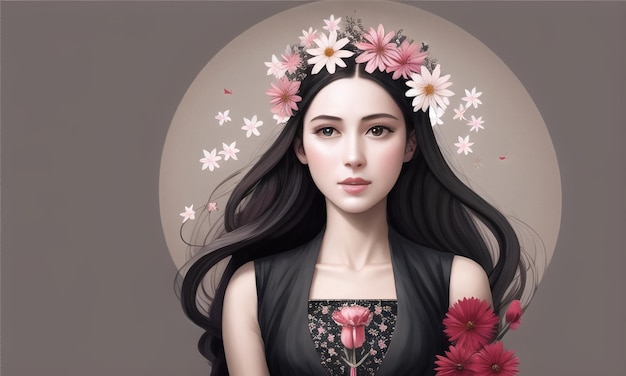 Beautiful Girl surrounded with flowers Generated AI