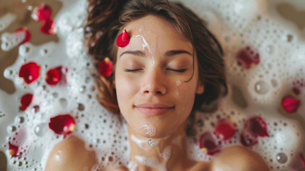 Beautiful girl takes a bath with foam and rose petals Spa treatments for skin rejuvenation