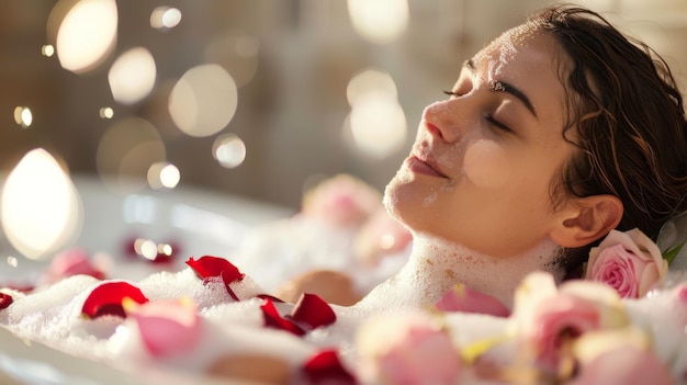 Beautiful girl takes a bath with foam and rose petals Spa treatments for skin rejuvenation