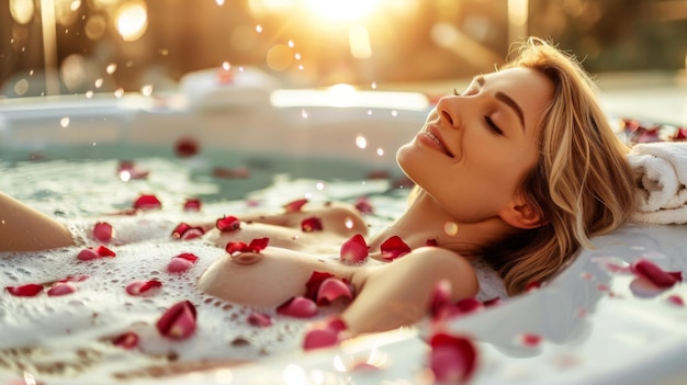 Beautiful girl takes a bath with foam and rose petals Spa treatments for skin rejuvenation