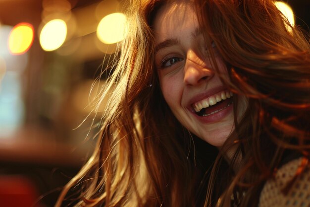 Photo a beautiful girl tilting head and laughing in a hair salon