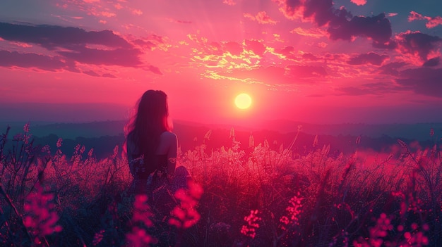 Beautiful girl on vacation looking at the landscape with joy at a gentle pink sunset on a summer39s day