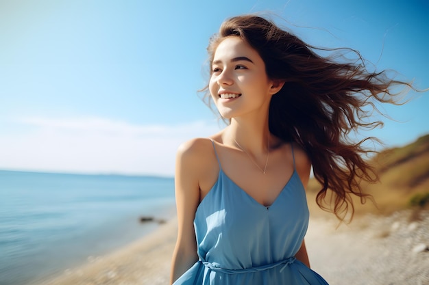 Beautiful girl walking on the beach celebrating the summer feeling