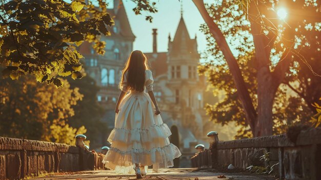 Photo beautiful girl walking near the castle the princess