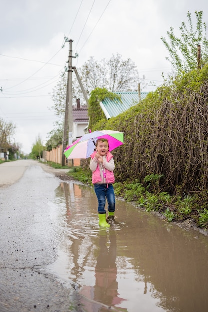 A beautiful girl walks through huge puddles with an open umbrella and rubber boots.