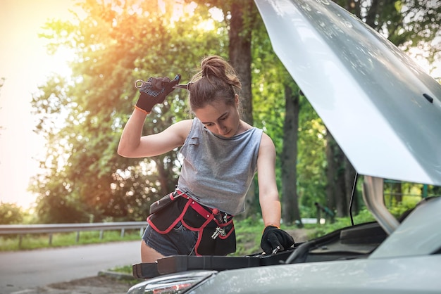 Beautiful girl wear short shorts and tshirts looking into engine compartment of broken down car