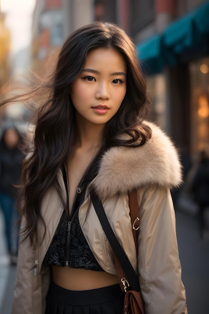 A beautiful girl wearing a black outfit in a street