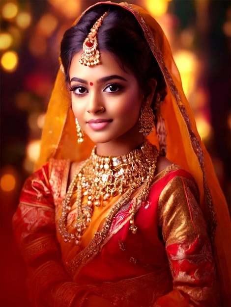 Beautiful girl wearing golden bridal costumes and jewelry