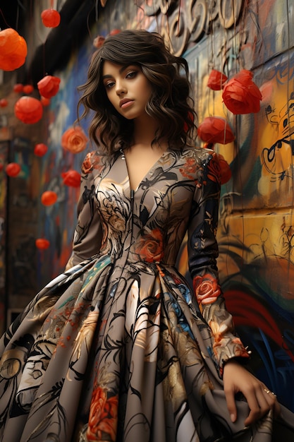 Beautiful girl wearing a gorgeous dress in graffiti background