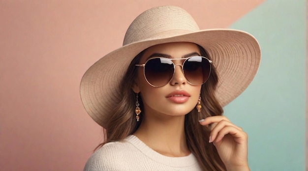 Beautiful girl wearing hat and sunglasses against pastel background with space for text