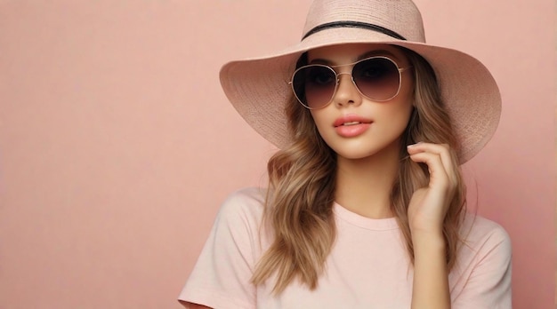 Beautiful girl wearing hat and sunglasses against pastel background with space for text