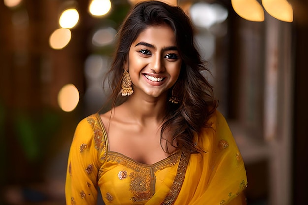 Beautiful girl wearing yellow lehenga