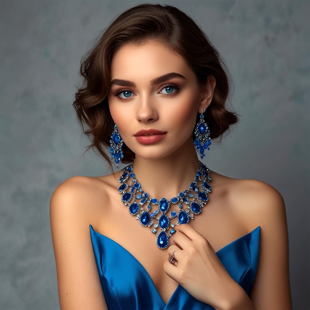 Beautiful girl wears blue precious stones earrings necklace and ring