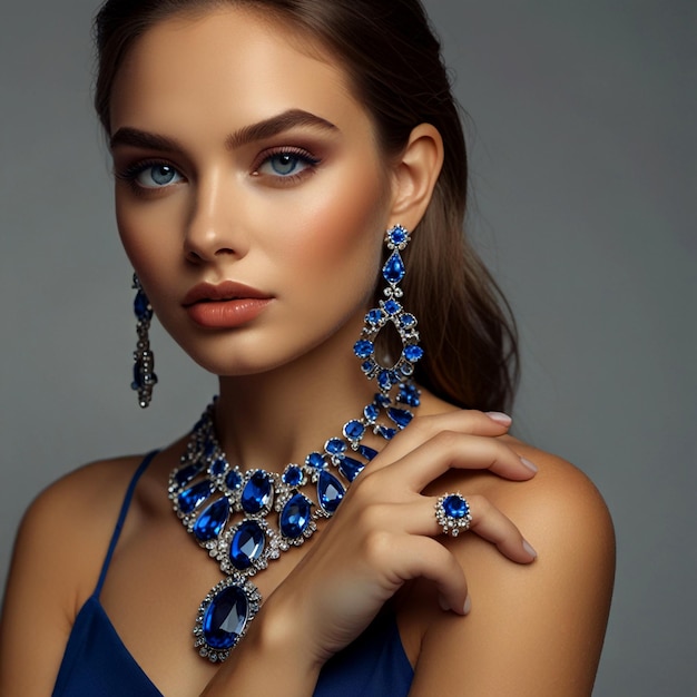 Beautiful girl wears blue precious stones earrings necklace and ring