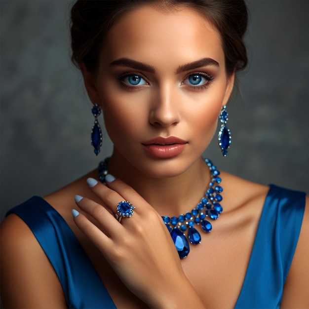 Beautiful girl wears blue precious stones earrings necklace and ring