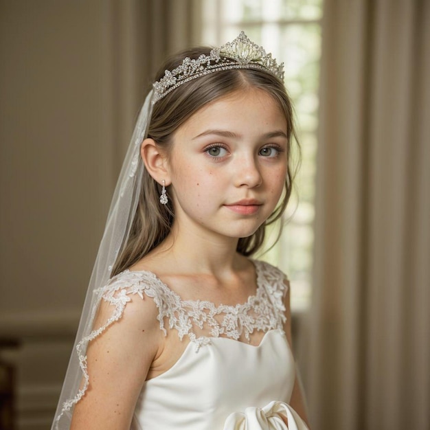 A beautiful girl in a wedding dress with a tiara targeta communion no crop realistic 8k