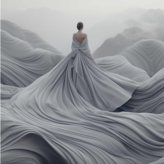 Beautiful girl in a white wedding dress in the mountains in the fog