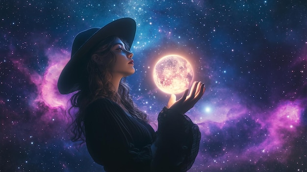 beautiful girl witch with magic ball in hands Space and astrological wallpapers fortune telling e