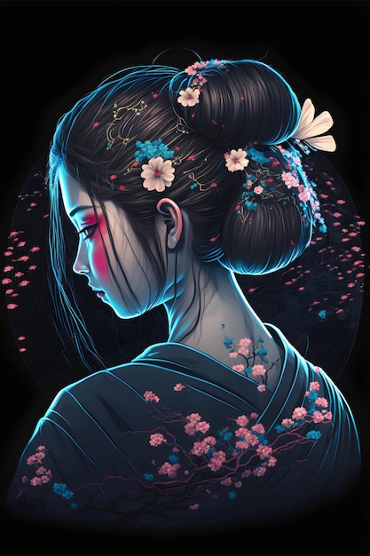 A beautiful girl with a black bun and a blue Japanese kimono cherry blossom hairpin illustration