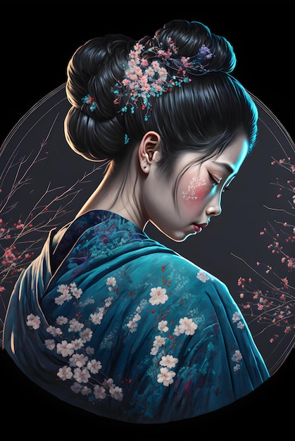 A beautiful girl with a black bun and a blue Japanese kimono cherry blossom hairpin illustration