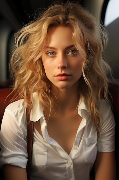 beautiful girl with blond hair sitting in bus AI generative